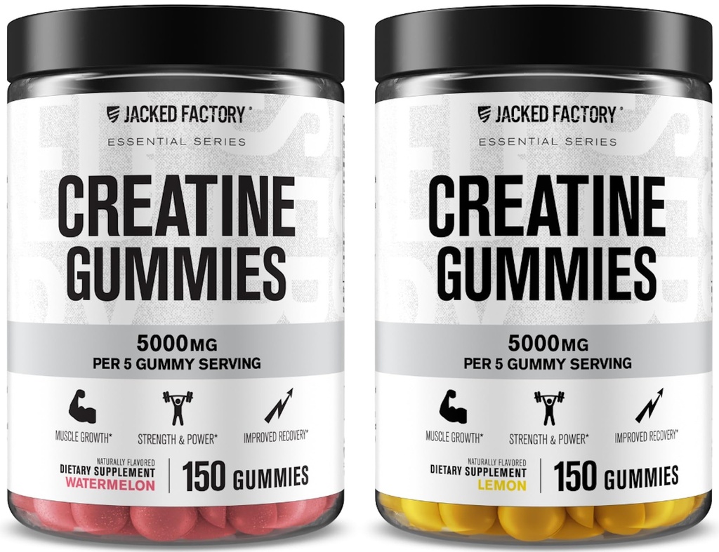 Jacked Factory Creatine Monohydraatti Gummies 5g Päivittäinen annos (1g per Gummy) - Creatine Gummy miehille ja naisille, Vegan-ystävällinen, Matkustaa ystävällisesti, Kolmannen osapuolen testattu - 150 Gummies, Watermelon & Lemon