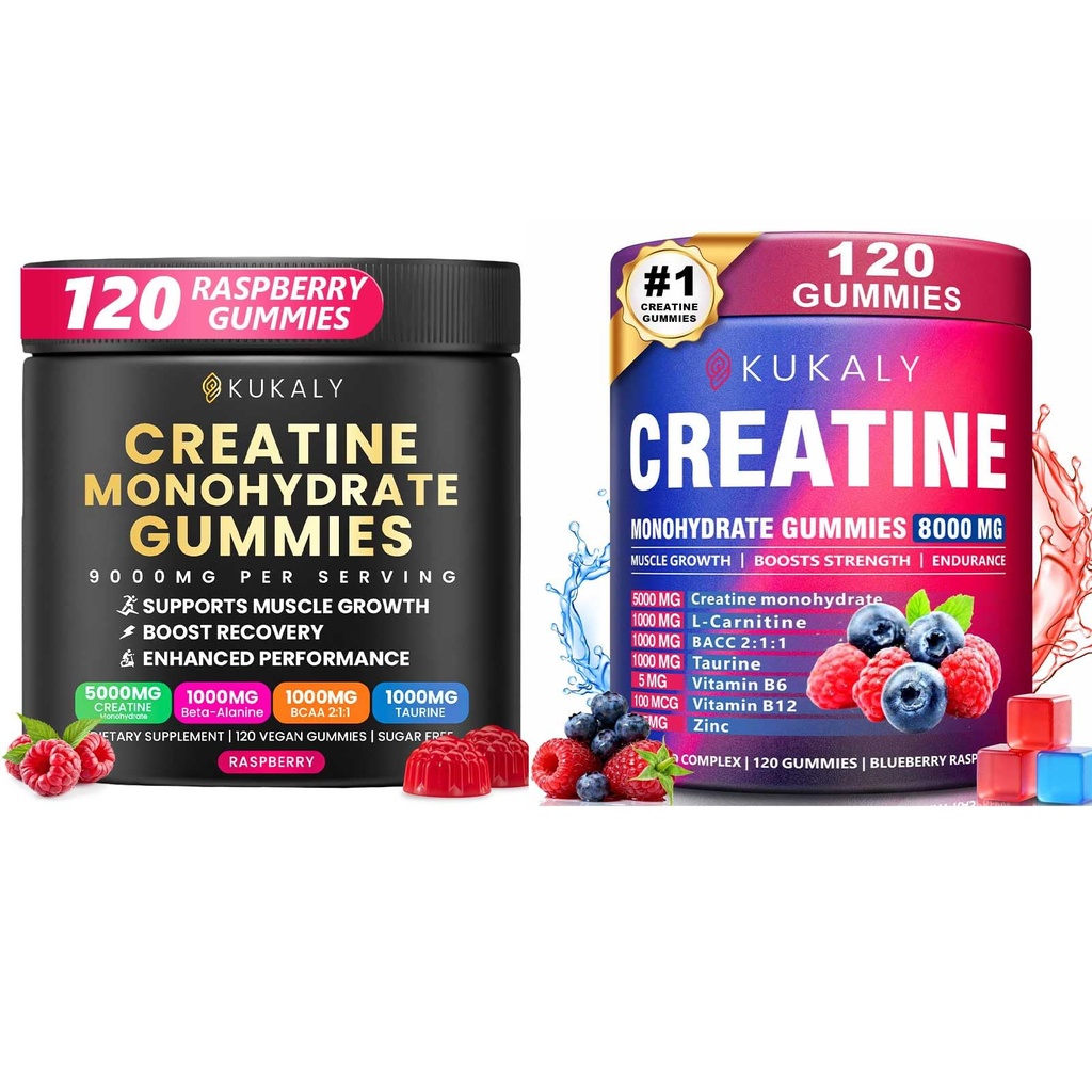 Kreatiini Monohydraatti Miehet ja naiset, 9000MG Creatiini Gummies Sugar Free - BCAA 2:1, B12 B6 Boost Strength, Focus & Endurance, Vegan, ei-GMO