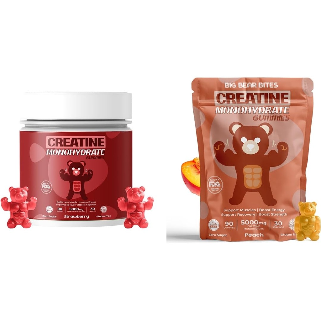 Kreatinmonohydrat Gummies Bundle - Strawberry & Peach | 5000mg Per Servering | Sugar-Free, Gluten-Free & Halal | 180 Gummies Total (2 x 90 Count) | för Män & Kvinnor