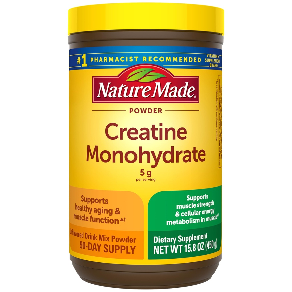 Nature Made Micronized Creatine Monohydrate Powder 5 g per Servering, Unflavored Drink Mix Powder, Muscle Support, 450 g, 90 Day Supply