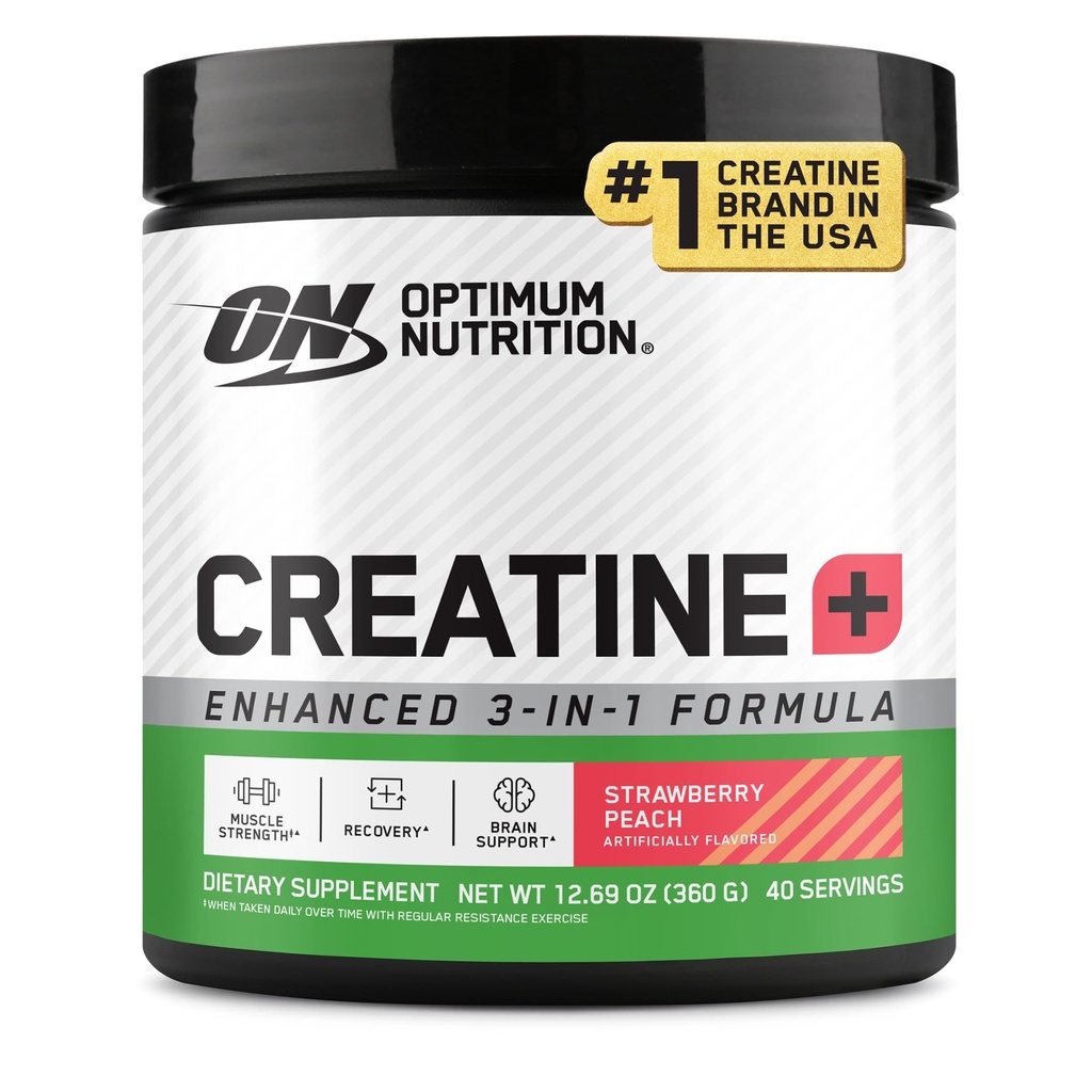 Optimum Nutrition Creatine Monohydrate Plus Powder, Strawberry Peach smaksatt kreatinprestanda Blend, med elektrolyter för Hydration, tillsatta vitaminer, 40 portioner, 360 Grams (Packaging May Vary)