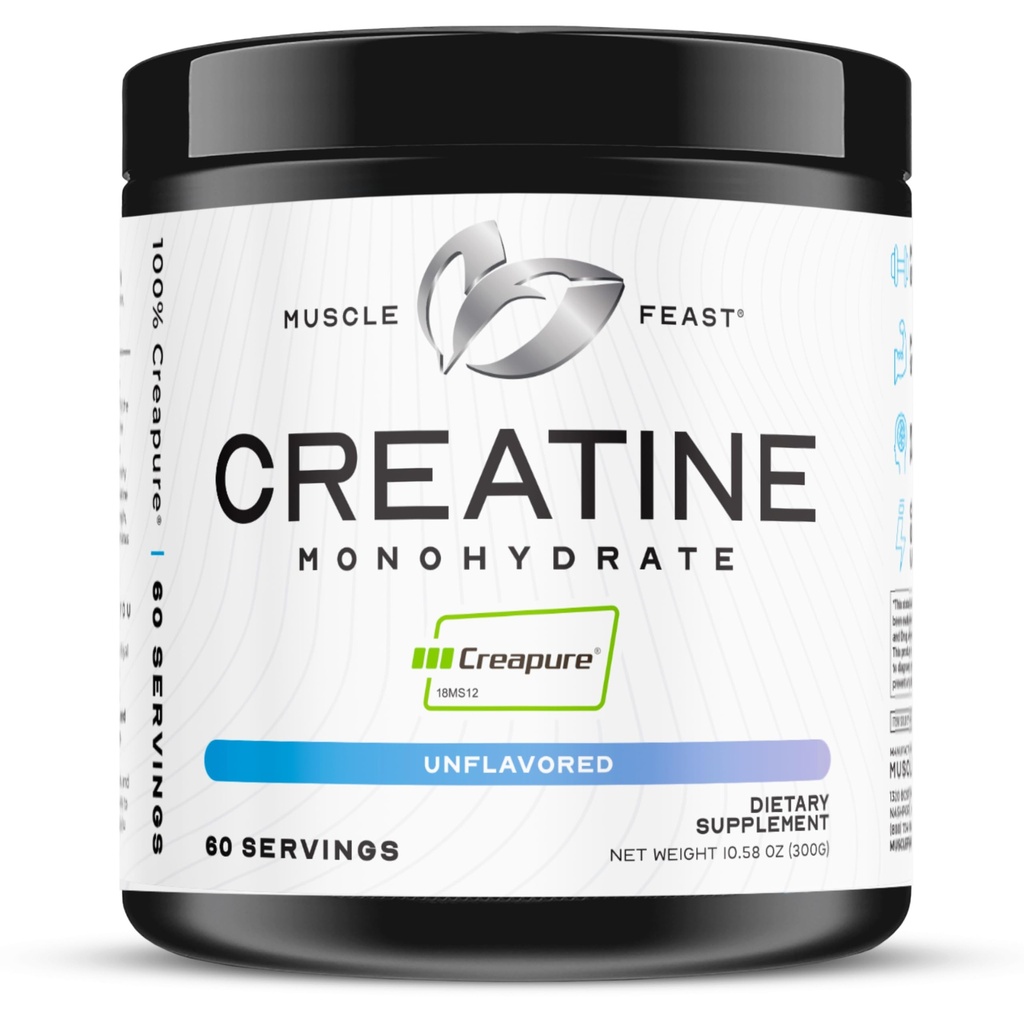 Lihas Feast Creapure Creatiini Monohydraatti Powder, Vegan Keto Friendly Gluteeniton, Mass Gainer, Lihaksen Recovery täydennysosa ja luotettu Creatiini lihasten kasvua, Creatiinijauhe, makuamaton, 300g