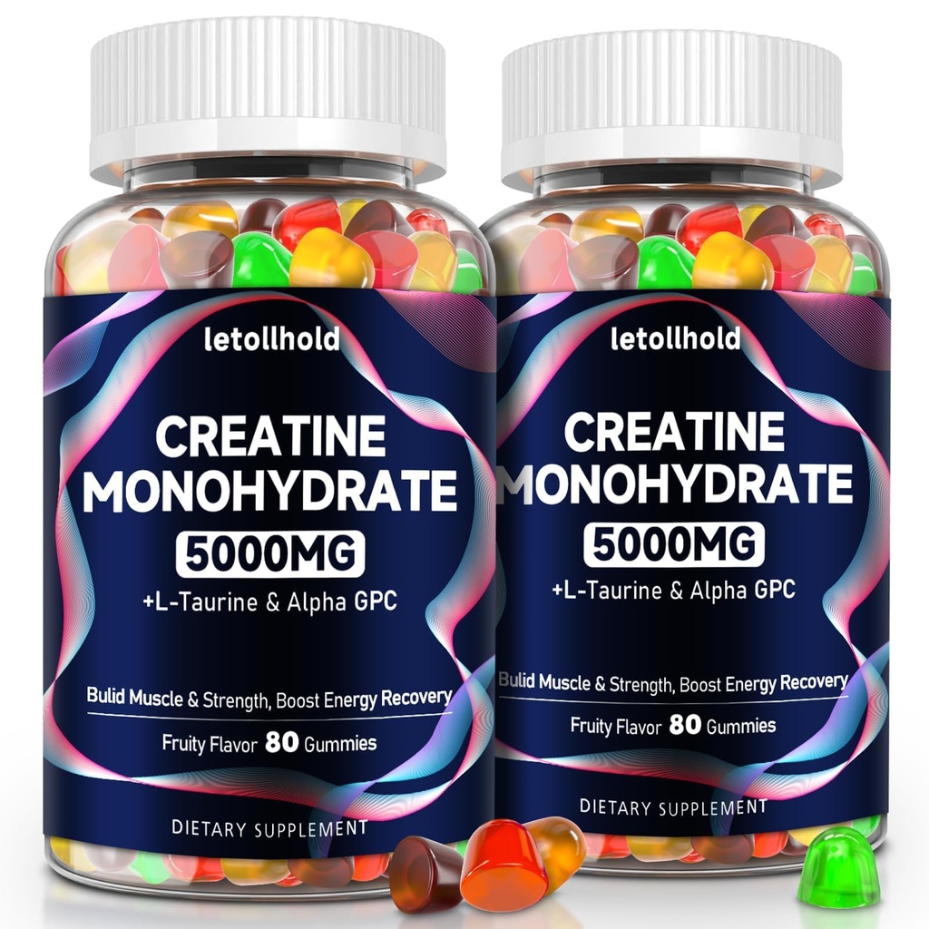 Kreatiini Monohydraatti Gummies 5g naisille ja miehille - Creatiini Gummies naisille Pre workout purut L-Taurine & Alpha GPC, sokeriton lihasrakentaja, energia Boost, Vegan non-GMO (160 Count)