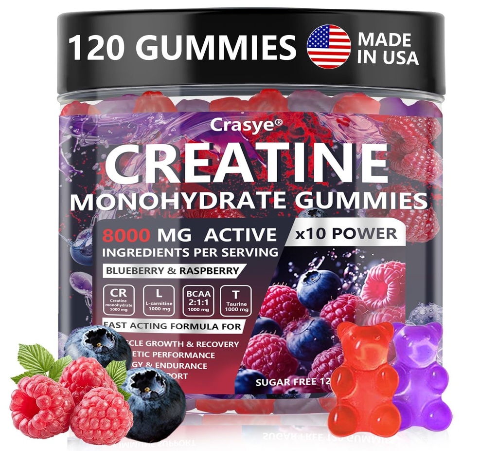 Kreatinmonohydrat Gummies Komplex 8000 MG för män kvinnor, kreatin gummy med taurin BCAA för energistöd och muskelstyrka, sockerfri pre-workout tillskott