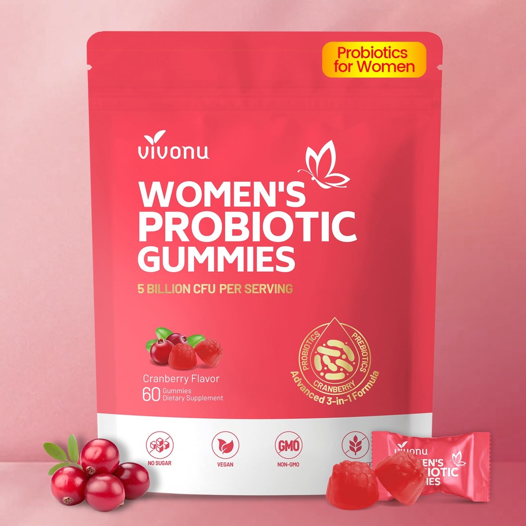 VivoNu Viginal Probiotics for Women, Women Probiotic Gummies, Feminine Balance Gummies, Prebiotic Gummy, Cranberry Probiotics for Woman Vaginigal Health, Yeast Ph Balance | 60 Gummies