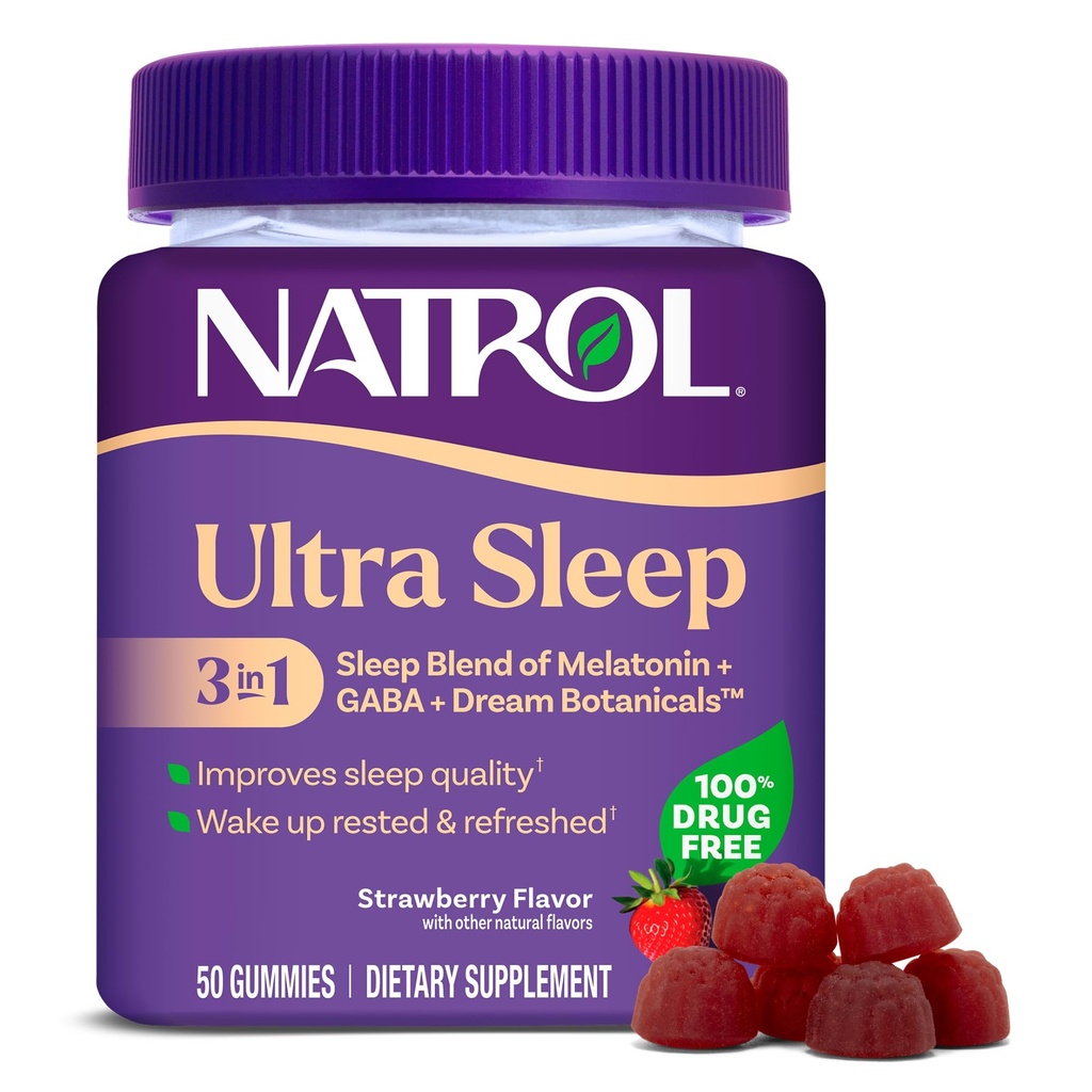 Natrol Ultra Sleep 3-in-1 100% Drug-free Sleep Aid Blend Melatonin, GABA & kasvitieteelliset, ravintolisä, non-Ibit Forming, 50 Gummy