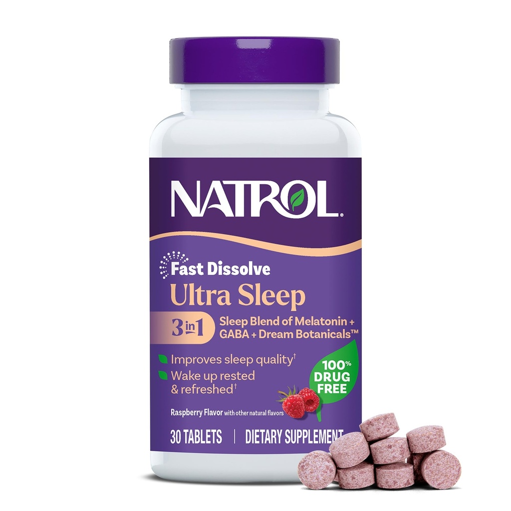 Natrol Ultra Sleep 3-i-1 100% Drug-Free Sleep Aid Blend med Melatonin, GABA & Botanicals, Dietary Supplement, Non-Habit Forming, 30 Snabbupplösta tabletter