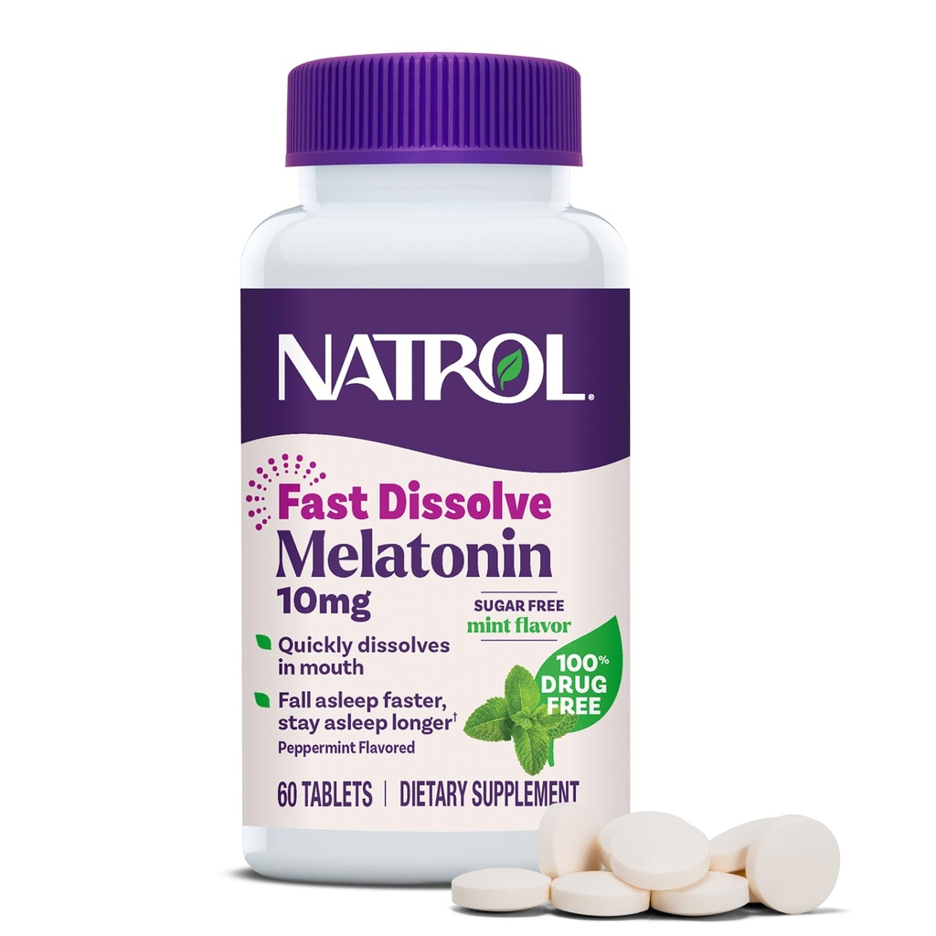 Natrol Melatoniini 10 mg Nopea liuotus Tabletit - Piparminttu maku, 60 kreivi, uni tuki, Nopea liuottaminen Melatoniini aikuisille, 60 päivän toimitus