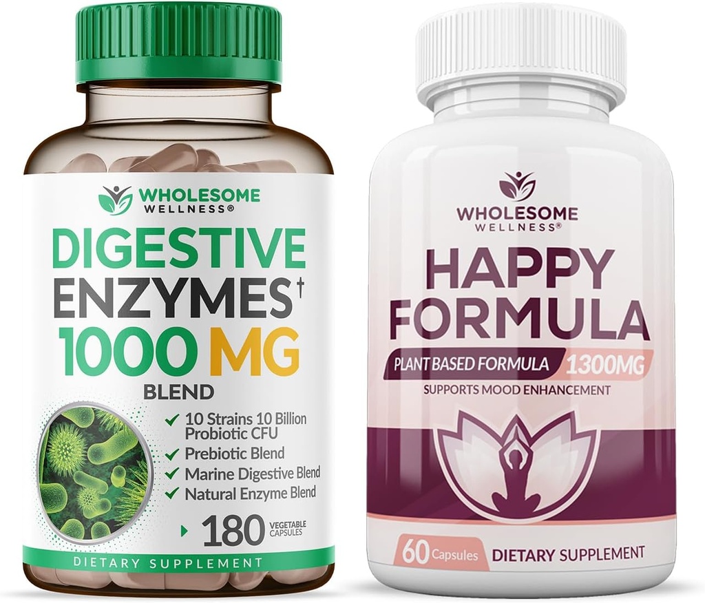 Hela Wellness Digestive Enzymes 1000MG Plus Prebiotics & Probiotics Supplement + Happy Formula Natural Stress Formel Relief Supplement för kvinnor och män Bundle