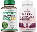 Hela Wellness Digestive Enzymes 1000MG Plus Prebiotics & Probiotics Supplement + Happy Formula Natural Stress Formel Relief Supplement för kvinnor och män Bundle