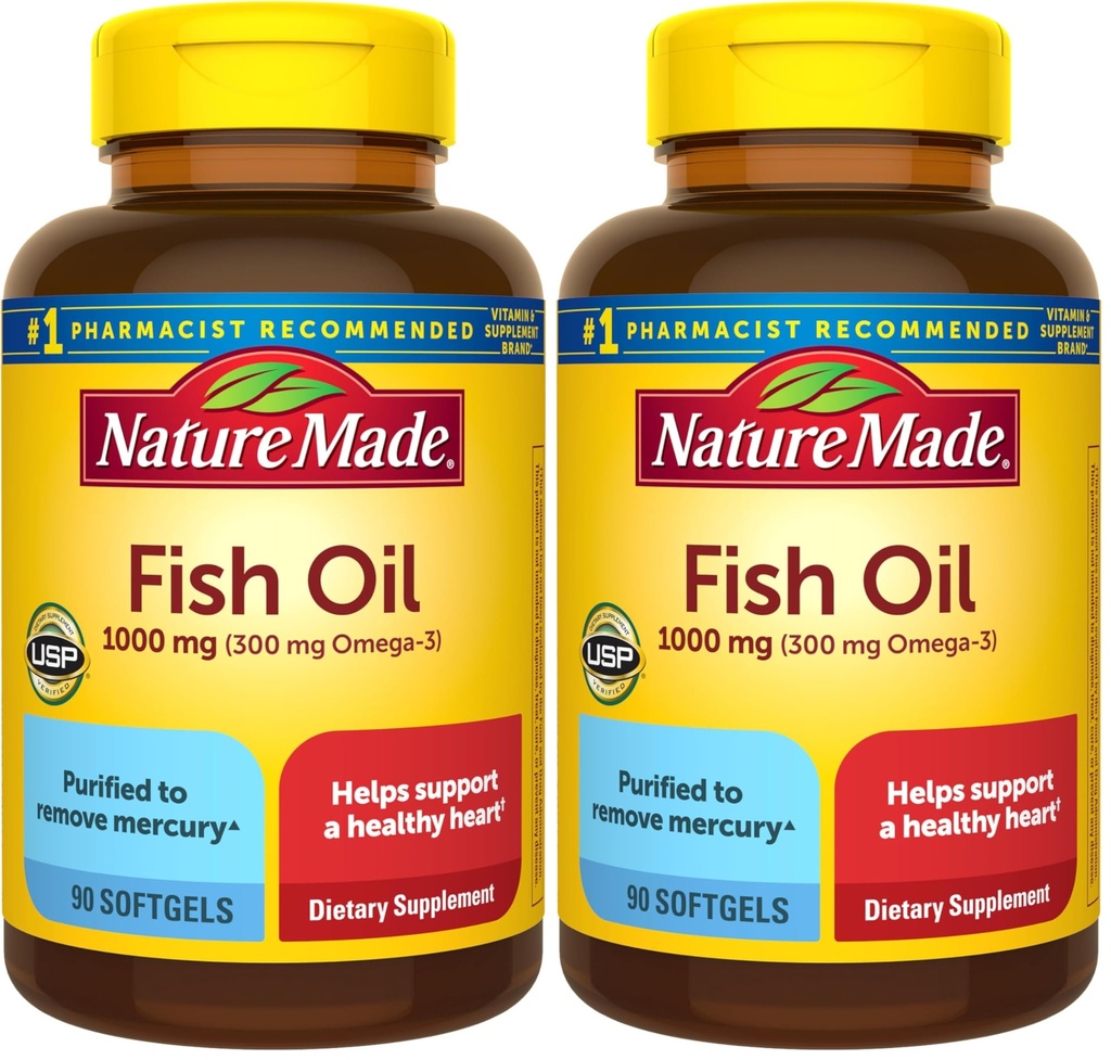 Nature Made Fish Oil Omega 3 Lisäravinteet, 1000 mg Softgels, Omega 3 Fish Oil for Healthy Heart Support, 90 Softgels, 45 Day Supply (Pack of 2)