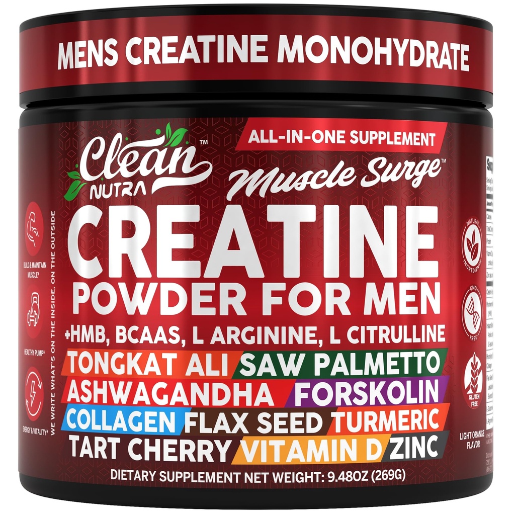 Clean Nutra Creatine Powder för Män + HMB BCAA L Arginine L Citrulline Tongkat Ali Saw Palmetto Ashwagandha Collagen Flax Seed Turmeric Preworkout Stevia Nitric Oxide L Glutamine Amino Syror