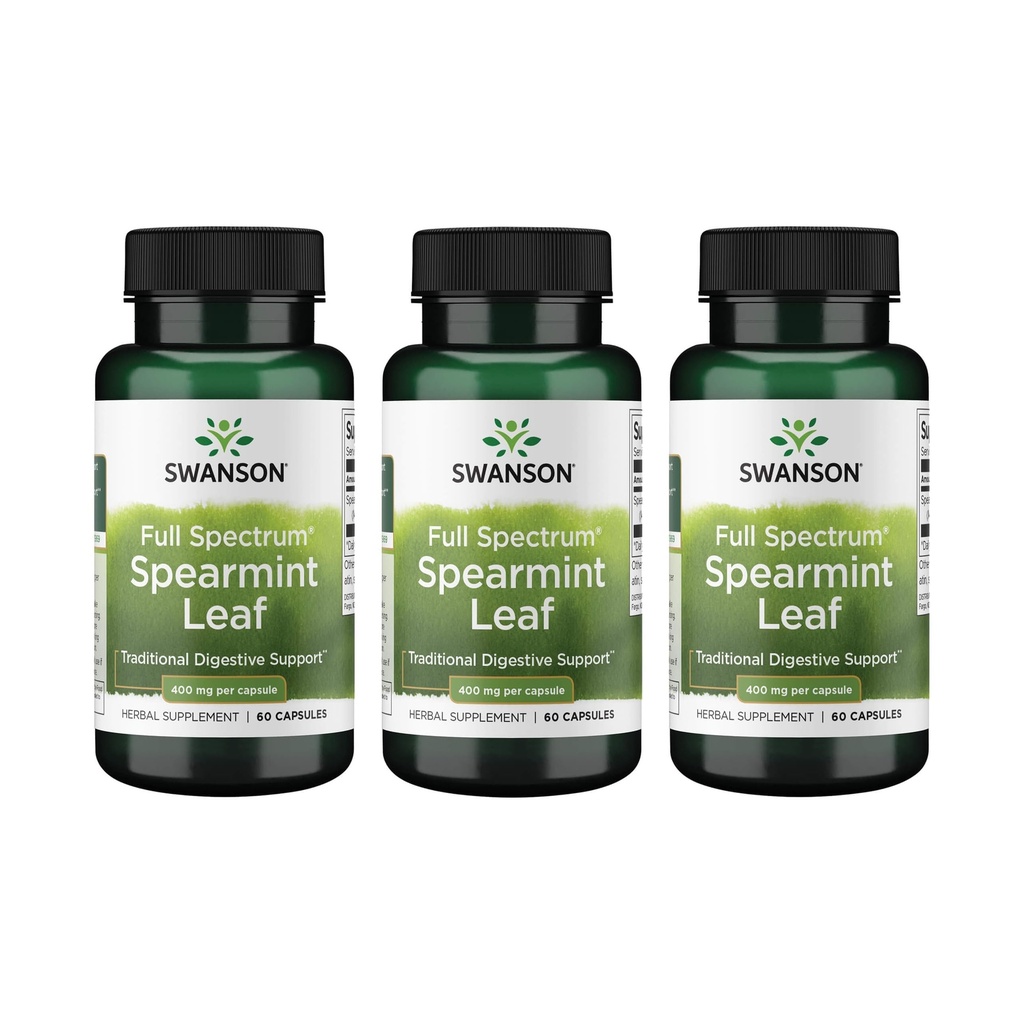 Swanson Spearmint Leaf (Mentha Spicata) - Full Spectrum Herbal Supplement Supporting Digestive Health & Mild Stomach Issues - (60 kapslar, 400mg Varje) 3 Pack