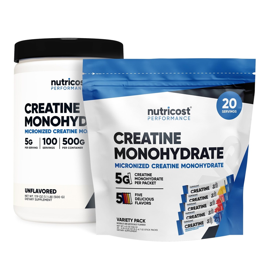Nutricost Micronized Creatine Monohydraatti 500 Gram ja 20 Sticks (Variety) Bundle