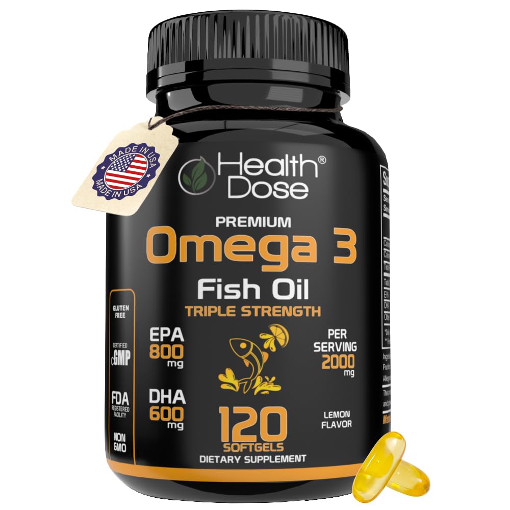 Health Dose Omega 3 Fish Oil 2000mg - Lemon-Flavored Softgels med EPA 800mg & DHA 600mg för hjärna, hjärta och Wellness Support - Easy-to-Digest, No Fish Burps - 120 Softgels, 2-månaders leverans