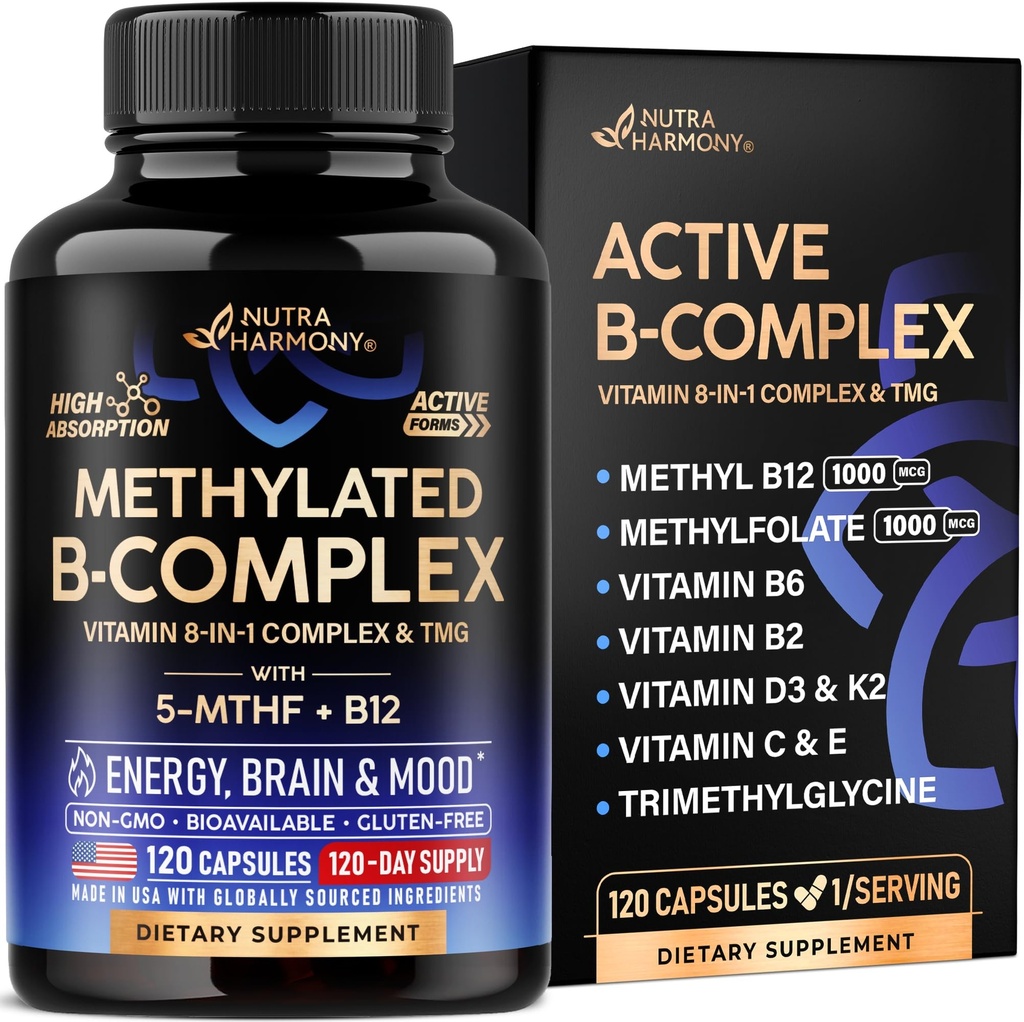 B-vitamiinikompleksi Methylated - B-komplex metyylifolaatilla & B12 - Biosabled for Miehet & Naiset - 9-in-1 Methylated Multivitamiini - Energia, aivot & mieliala - Vegaani - Valmistettu USA - 120 kapselia, yksi / päivä