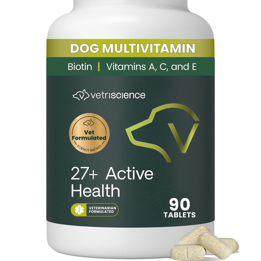 VetriScience 27+ Aktiivinen terveys purutabletit, koira Plus päivittäin monivitamiinia koiranpennuille ja aikuisille, tasapainotetut vitamiinit, mineraalit ja antioksidantit, terveys- ja hyvinvointituki, Ankka, 90