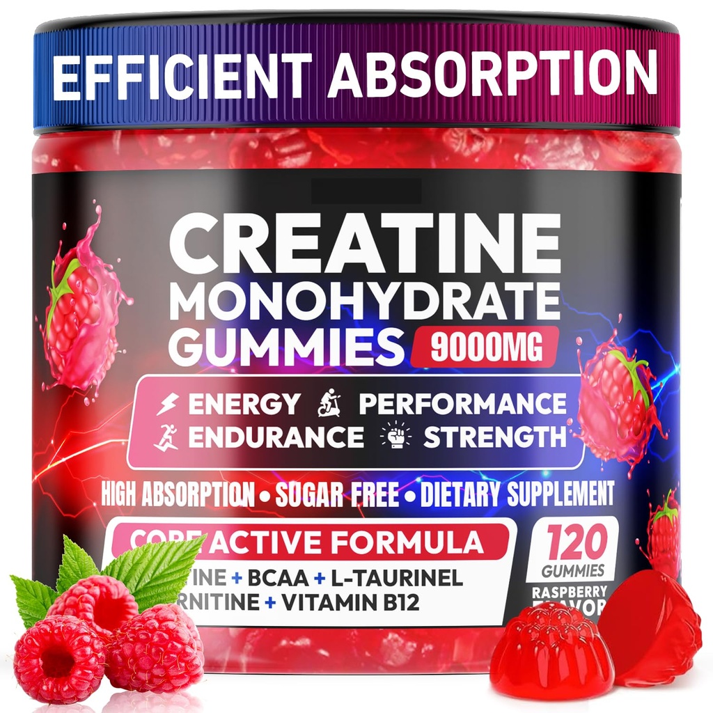 Kreatin Gummies Monohydrate Complex 9000MG, Pre-Workout för Män & Kvinnor, Kreatin Gummy med L-Taurin, BCAA 2:1, B12/6 för muskelstöd, Förbättring, Energi Boost-120 Count