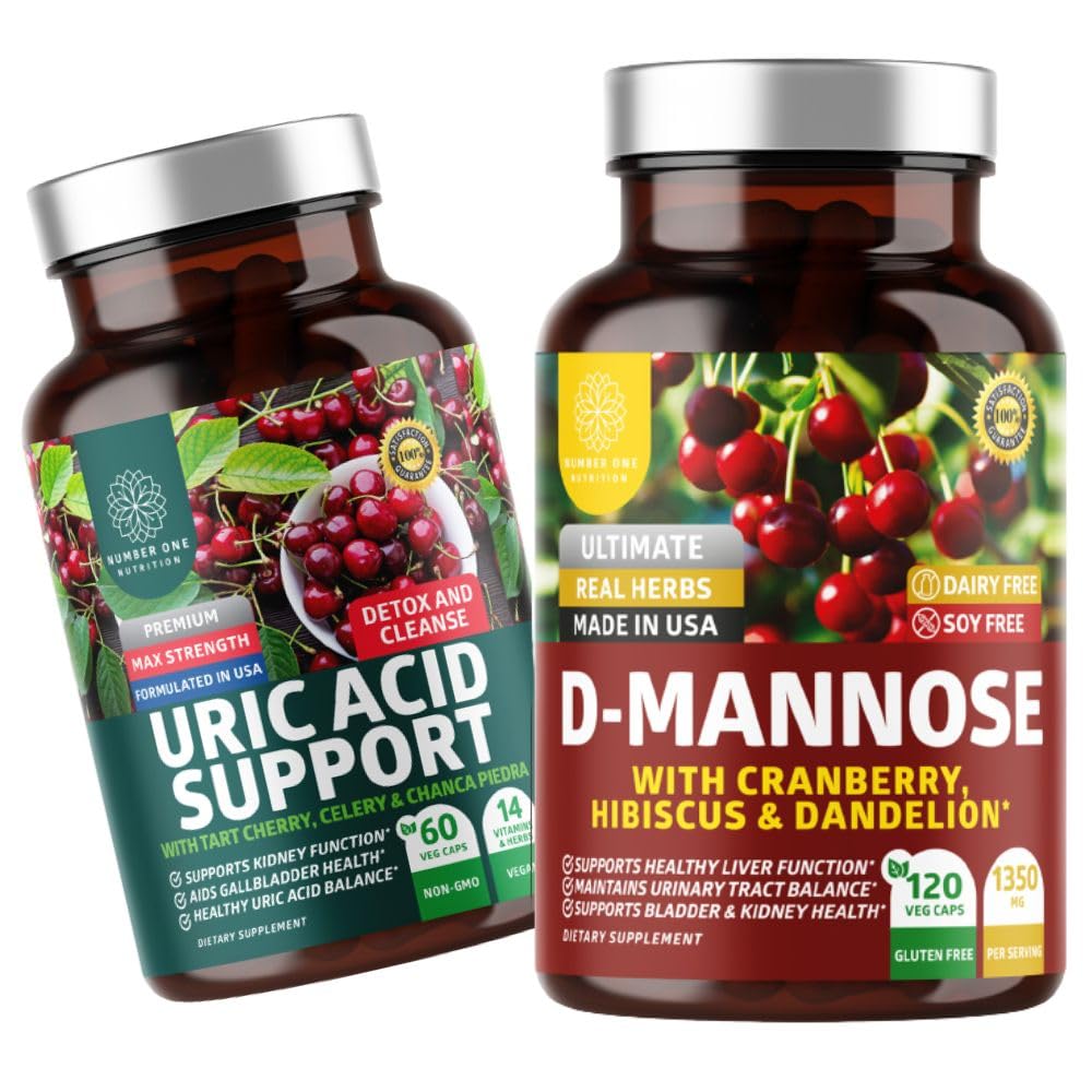 Number One Nutrition N1N Premium D-Mannose med Cranberry & Hibiscus [1350mg], 120 kapslar och Uric Acid Support med 14 Potent Herbs, 60 kapslar, 2 Pack Bundle