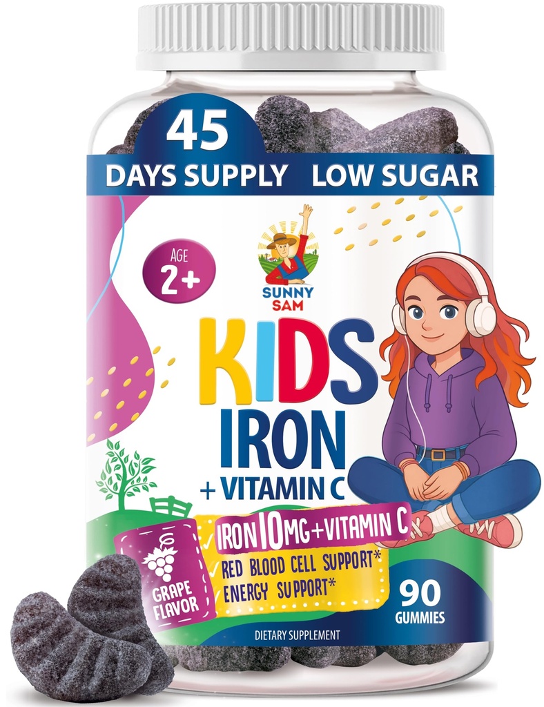 SUNNY SAM Iron Gummies for Kids & Teens - 10mg Iron Vitamins med vitamin C - Low-Sugar Chewable Gummy Supplement för Immune Support, stöder Red Blood Cell Production för barn & Teen Girls