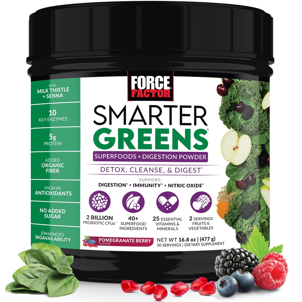 Force Factor Smarter Greens Superfoods Powder to Support Digestion, Gut Health, Turvotus, Greens Powder with Probiootit, Prebiootit, Dgestive Enzymes, & Adaptogens, Pomegranate Berry, 30 Tarjoukset