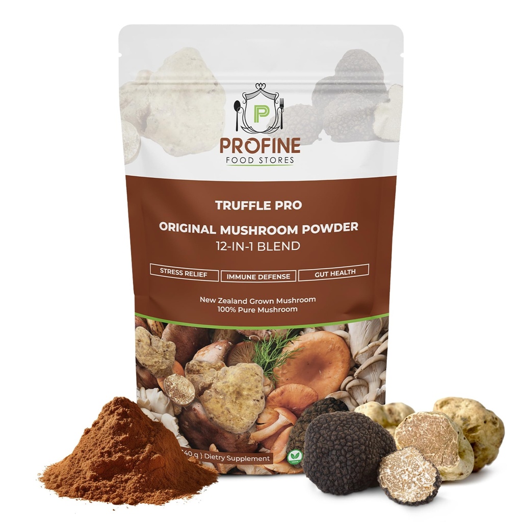PROFINE Truffle PRO Sienijauhetta 12 in - 1 Super Blend musta tryffeli ja valkoinen tryffeli - USDA Luomu - täydennysosa - Lisää kahvia / teetä / Smoothies - Koko sieniä - Ei täyteaineita