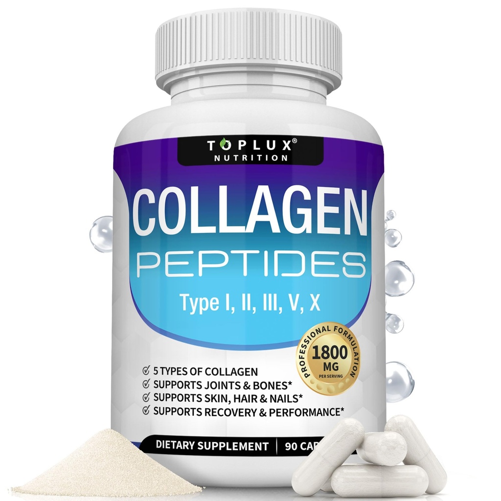Toplux Multi Collagen Peptides pillereitä 1800 Mg Complex - tyyppi I, II, III, V, X Premium Collagen Complex parempaan ihoon ja hiuksiin, vahva nivel, hydrolysoitu proteiini, miesten naisille, 90 kapselia, täydentää