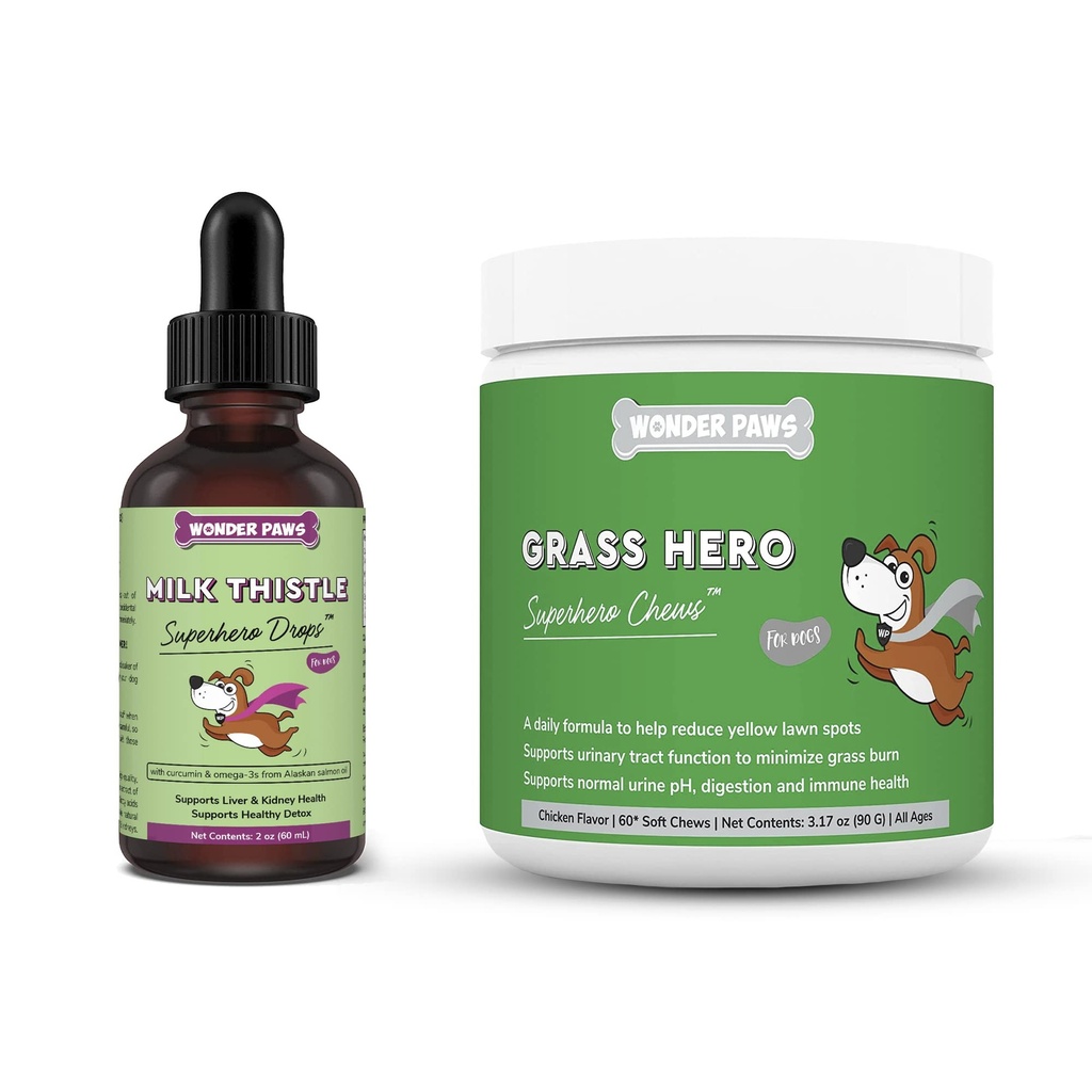 WOTNDER PAWS Milk Thistle Drops Plus Grass Hero Soft Chews - koirille Maksan ja munuaisten tuki, Detox & virtsateiden terveys - Maito Thistle 2 Ounces - Grass Hero 60 Chews