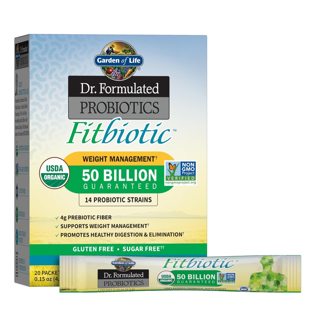 Puutarha Life Dr. Formuloitu Probiootit Fitbiotic Painonhallinta Powder, 50 miljardia PMY & Prebioottikuitua, Organic & non-GMO Digestive Gut Health Probiotic Supplement, 20 Single Serving Packets