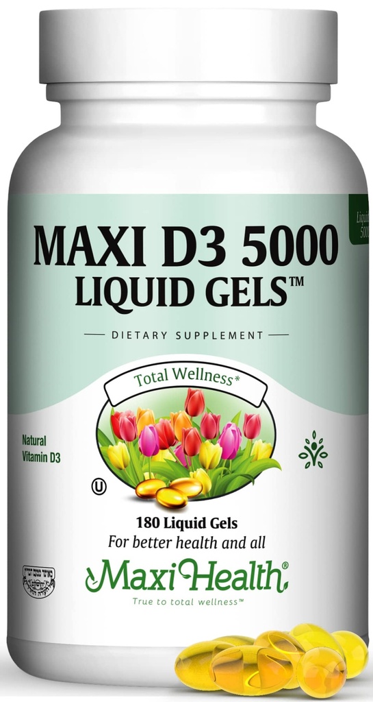 Maxi Health D3 5000 Liquid Gels - Natur Vitamin D3 - Nutrition Supplement - 180 kapslar - Kosher