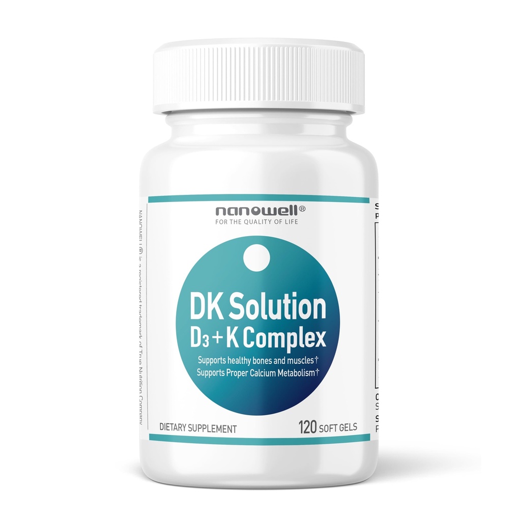 NANOWELL DK Solution D3- vitamiini 2000 IU (50 mikrog) + K Complex - Ravintolisä luun, lihasten ja immuuniterveyden tukea - 120 Softgels, 120 päivän tarjonta