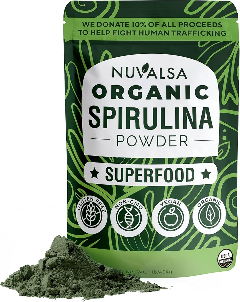 Nuvalsa Organic Spirulina Powder 1lb 100% Puhdas Superfood Superfood Superfood Support from Blue Green Algae Non GMO for Smoothie & Protein Drink, Vegan & USDA Certified Organic - 100 Servings