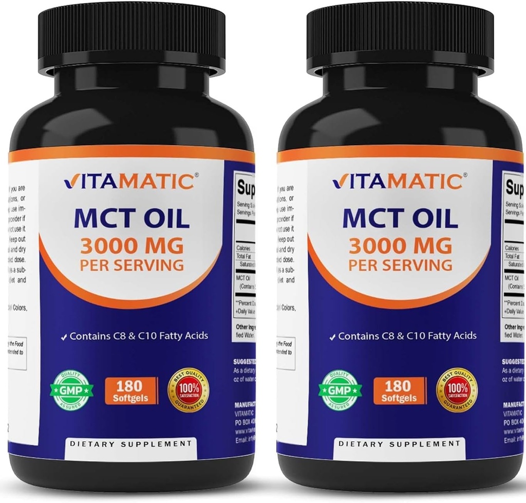Vitamatic 2 Packs MCT Oil Capsules 3000 mg per Serving - 180 Softgels - Coconut Oil - sisältää 55% kaprylic Acid C8 ja 40% kapric Acid C10 (yhteensä 360 Softgel)