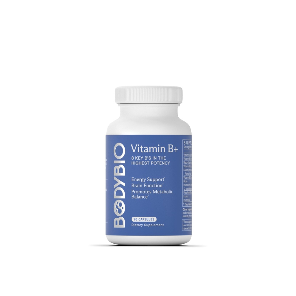 BodyBio- B-vitamiinikompleksi, mukaan lukien B1, B2, B3, B5, B6, Metyyli B12, Foliniinihappo, 5-MTHF ja B7, jotka tukevat varoitusta, aineenvaihduntaa ja immuunijärjestelmää, 90 kapselia