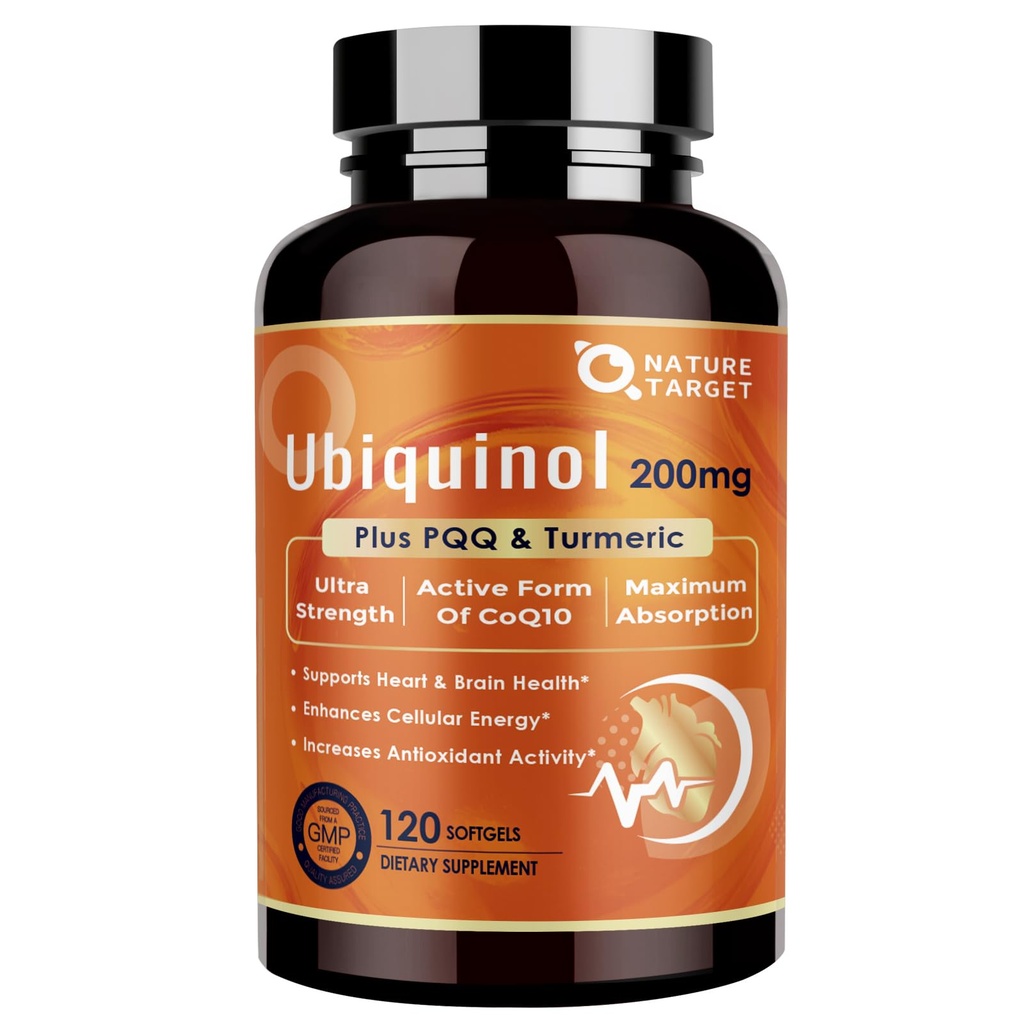 NATure TARGET Ubiquinol CoQ10 200 mg softgels with PQQ & Turmeric, High Absorption Coenzyme Q10 Supplement with ALA & Black Pepper, Antioksidantti sydämen ja aivojen terveyteen, energian tuotanto, 120 kreivi