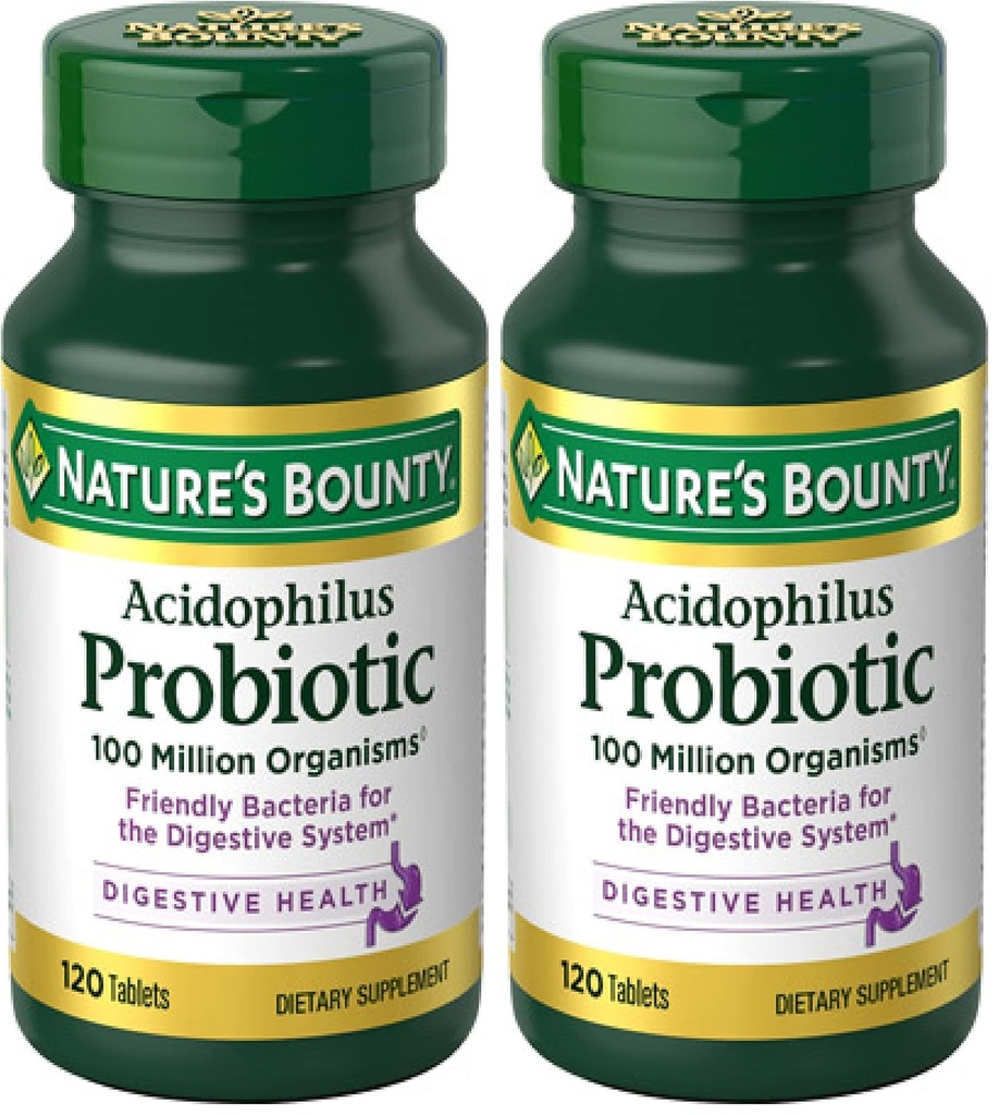 Nature's Bounty Lactobacillus Acidophilus Probiotic Supplement - Daily Probiotic for Women/Men digestive Health,100 Million Organisms, kasvissyöjä,1 Tarjoilu päivässä,120 tablettia,(Pack of 2)