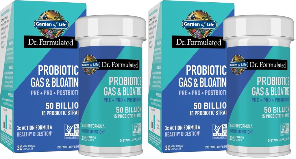 Elämän puutarha Dr. Formulated Pre, Post & Probiootit Gas & Bloating One Daily 3-in-1 Complete Prebiootit, Postbiootit & Probiootit 50 miljardia PMY, ei-GMO, Gluteeniton, 30 päivän toimitus, (paketti 2)
