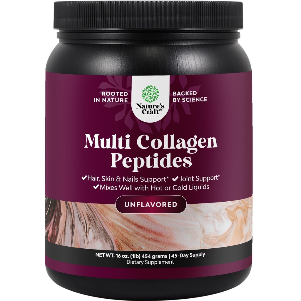 Natures Craft Multi Collagen Protein Powder for Women and Men - Keto Hydrolysed Collagen Peptides 45 Tarjoilut Hiukset Iho ja kynnet Vitamiinit - Unmakuinen Nauta Tyyppi 1 3 Bone Joint Support