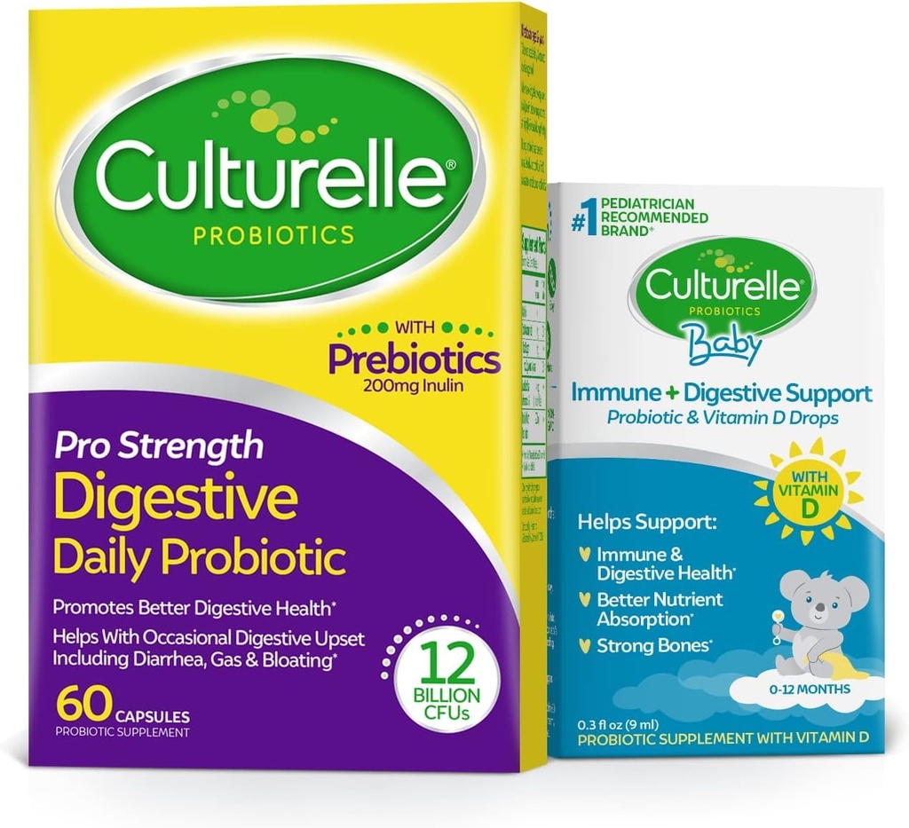 Culturelle Pro Strength Daily Probiotic Capsules, Probiootit miehille & naisille 60 Count, 2 kk + Culturelle Baby Immuuni & Ruoansulatuskanavan tuki Probiootti + D-vitamiini tipat 0-12 kuukautta, 30 päivän toimitus, 9 ml