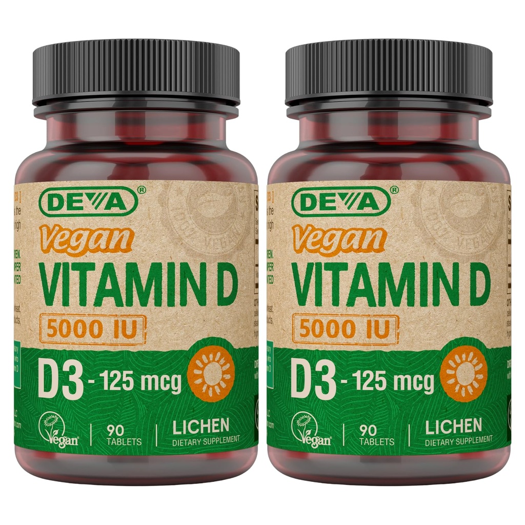 DEVA-vitamiini D3 5000 IU, aurinkolisä, 125 mikrog Vegan D3, 90 mikrog pullo (pakkaus 2)