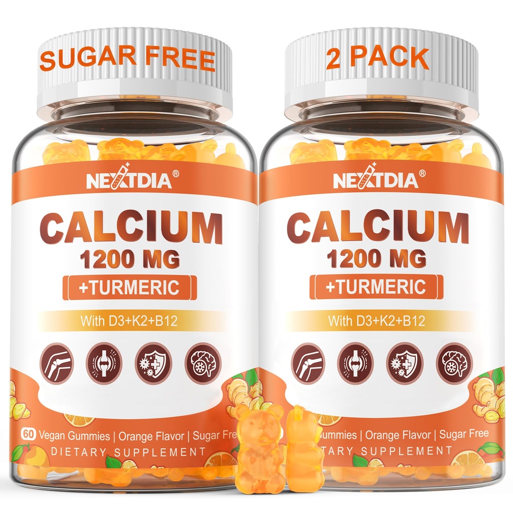 Kalsium 1200 mg D3-vitamiinia Gummies - kalsium + kilpikonna täydentää naisten ja miesten K2-vitamiinia B12 - Tuki luun ja lihasten - sokeriton - Vegaani (120 kreivi)