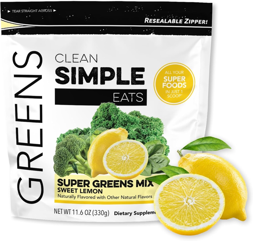 Clean Simple Eats Super Greens Powder, Luonnollisesti maustettu vihreät jauhe klorella, spirulina, Superfoods & Prebioottikuitua, Ei keinotekoisia ainesosia, Gluteeniton, makea sitruuna maku, 30 tarjoilua