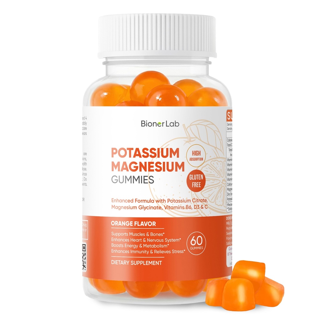 BionerLab Potassium Magnesium Gummies med vitamin D3 B6 C - High Absorption Potassium 99mg Magnesium Glycinate 250mg Tuggbara kosttillskott för kvinnor vuxna barn