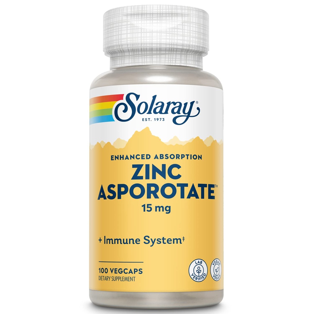 Solaray Zinc Asporotate 15mg Chelated Complex | Immune & Endocrine Support, Cell & Skin Health Formel, 100 VegCaps