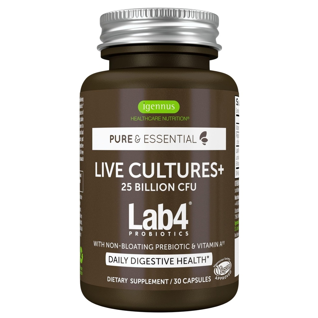 Igennus Probiootit & Prebiootit 2 in 1, Lactobacillus Acidophilus & Bifidobacterium, Gut Health Support, Live Cultures+ Lab4, takuulla 25 miljardia PMY, naiset & miehet, ei turvotusta, ei GMO, 30 kapselia