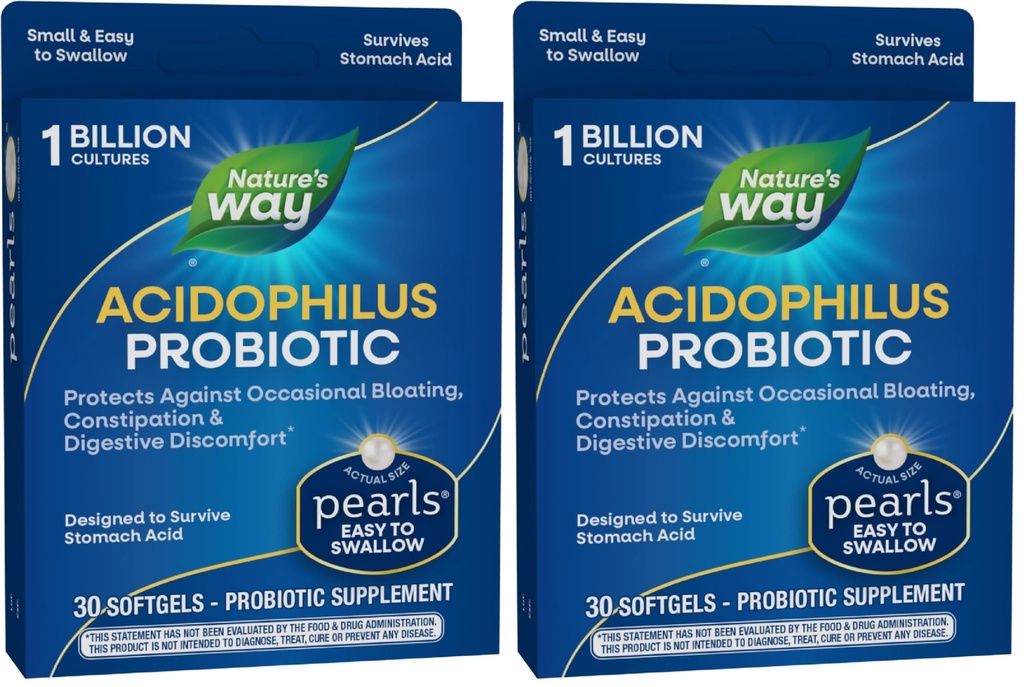 Nature's Way Acidophilus Probiotic Pearls,Supports Ruoansulatuskyky & Gut Health,Reduce satunnainen ummetus ja turvotus*,1 miljardia kulttuuria,30 Softgels,(Pack of 2)