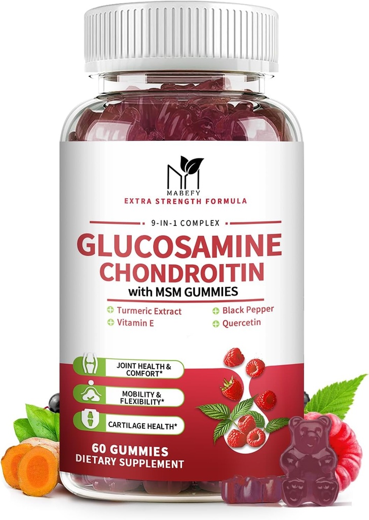 Glukosamiini Chondroitin Gummies Triple Strength (1 000 mg Glukosamiini 750 mg Chondroitin) kanssa MSM, Turmeeric, Quercetin, E-vitamiini, Joint Support Supplement, Antioksidantti 60 Gummies Vadelma maku