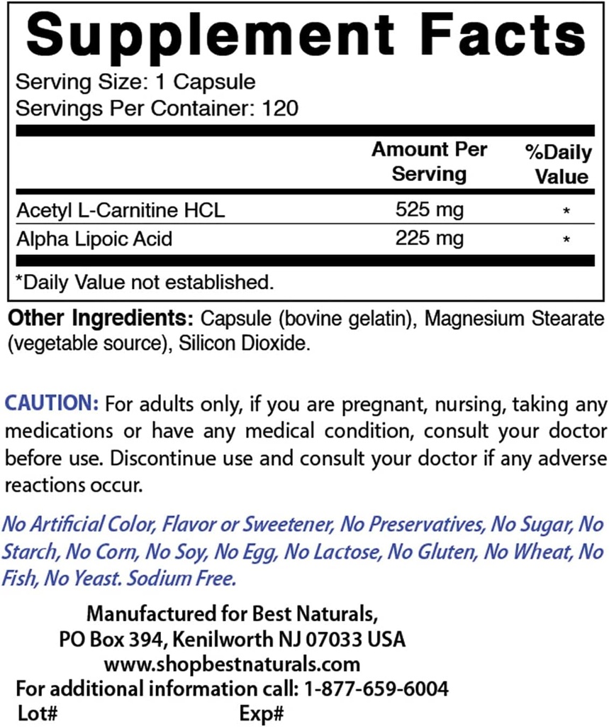 Best Naturals Acetyl L-karnitiini ja Alfalipoiinihappo 750 mg & Sinkkiglukonaatti 50 mg