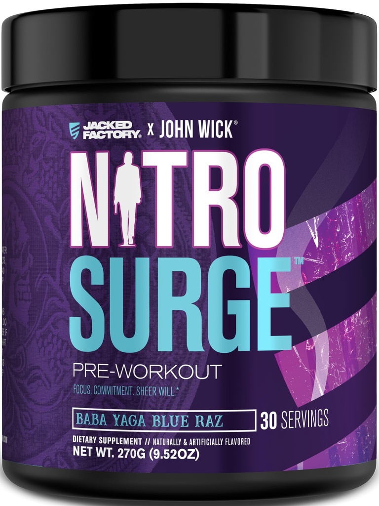 Jacked Factory X John Wick - Nitrosurge Wick Pre Treout Supplement - Intense Energy, Battle-Ready Focus, pysäyttämätön sitoutuminen, ja Sheer Will - 30 Palvelee, Baba Jaga Blue Raz