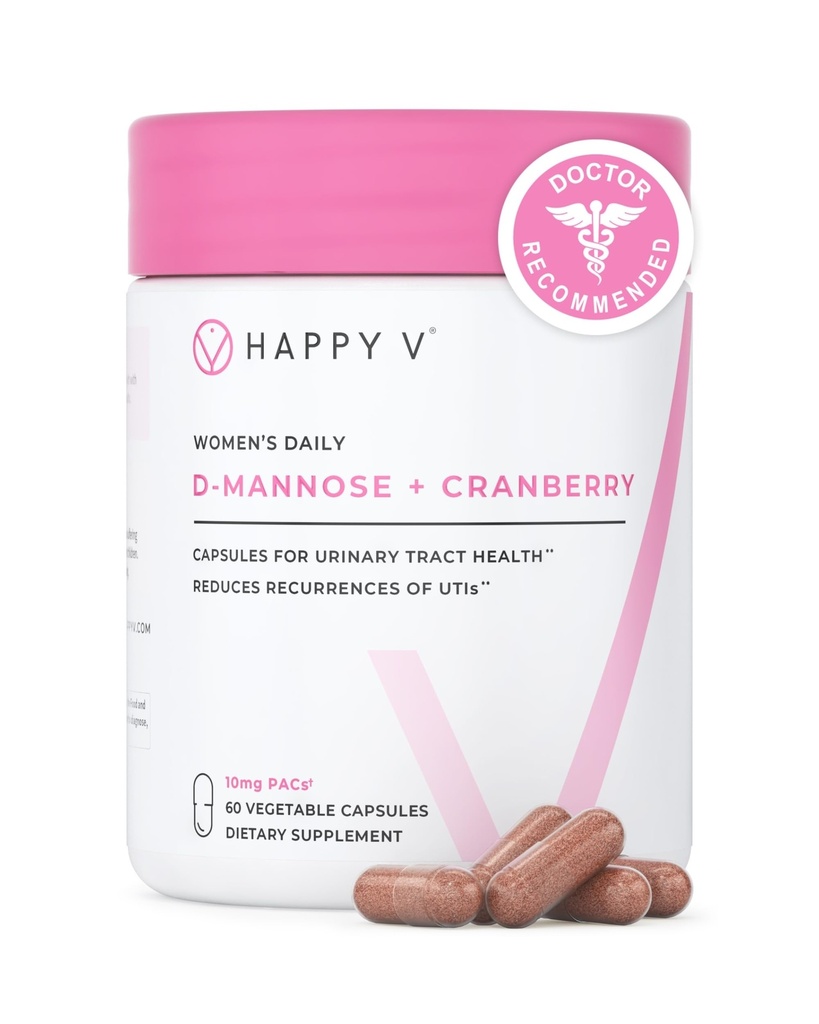 Happy v Dr. Formulerad D-Mannose med Cranberry Pills för kvinnor Cranberry för urinvägsinfektioner & D Mannose Powder för UTI Infection Prevention, Bladder & Urinary Tract Health & Harmony
